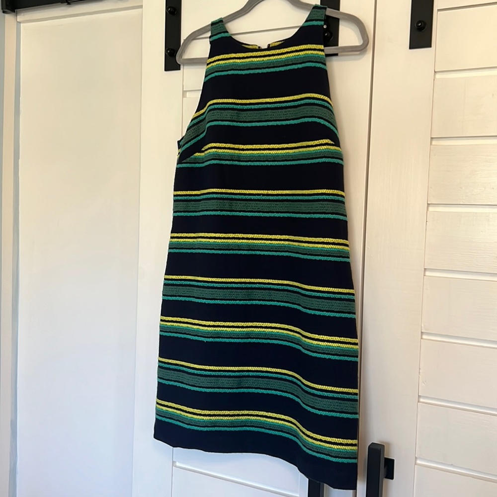 Vineyard Vines Shift Dress Sleeveless Striped Size 10 Jacquard Navy Teal Yellow